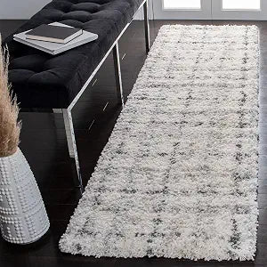 SAFAVIEH Fontana Shag Collection Runner Rug - 2'3" x 6', Grey & Ivory, Modern Grid Design, Non-Shedding & Easy Care, 2-inch Thick Ideal for High Traffic Areas in Living Room, Bedroom (FNT868F)