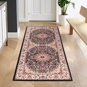 Superior Chatou Floral Medallion Border Washable Indoor Runner Rug, Machine Washable Rugs, for Bedroom, Living Room, Dining, Kitchen Floors, Cotton Backing, Easy Clean, 2' 7" x 6', Black - Ivory