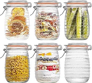 WACOI 32 Oz Glass Mason Jars with Airtight Lids 6 Pack, Wide Mouth Canning Jars with Clip Top Lids for Kitchen Storage Pickling Salad Jams Coffee Beans