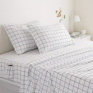 Amazon Basics Soft Microfiber 4-Piece Bed Sheet Set with Elastic Side Pockets for Storage, Full, Black Grid, Geometric