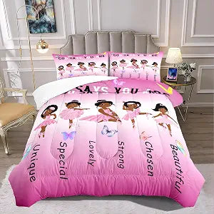 BATATADOCE Cute Little Ballet Bedding Sets African American Black Girls Pink Comforter Set Pink Princess Bed Set Kids Full Size Comforter Sets for Girls Bedroom,1 Comforter + 2 Pillowcases