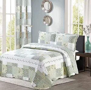 All American Collection New Reversible 2pc Floral Printed Patchwork Blue/Green Bedspread/Quilt Set Matching Curtains Available (Twin Size)
