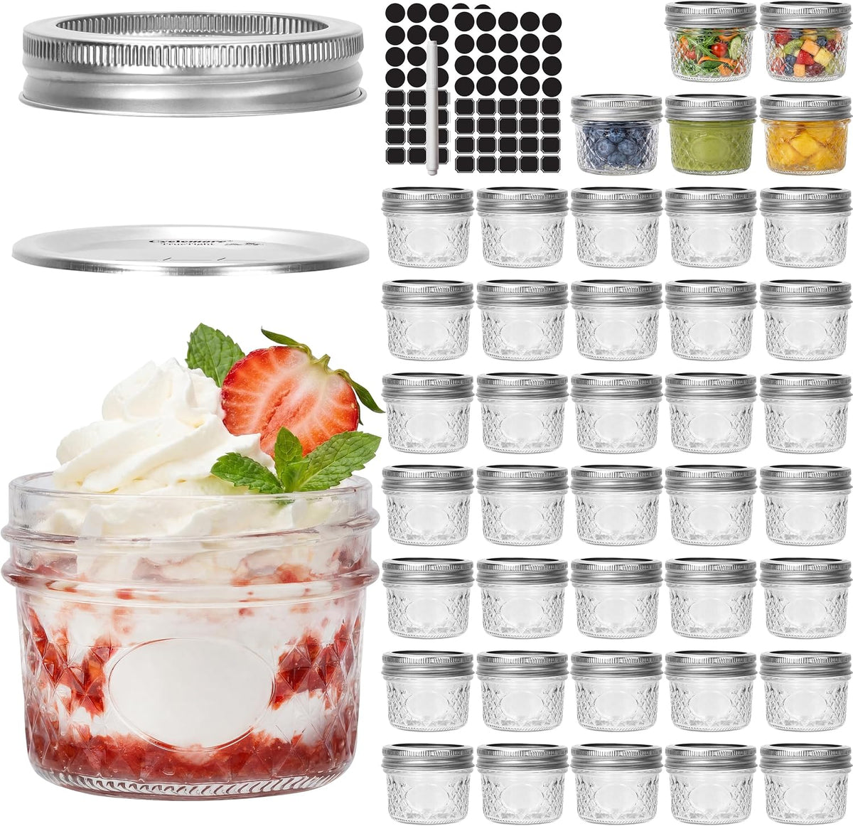 CycleMore 40 Pcs 4oz Crystal Mini Mason Jars, Silver Separable Lids