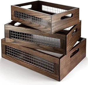 Set of 3 Large Wooden Nesting Countertop Basket for Display