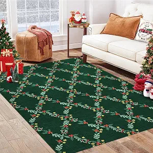GarveeHome Christmas Area Rug 3x5 Christmas Geometric Rugs Small Rug Office Carpet Washable Doormat Xmas Holiday Decor Non Slip Kitchen Accent Rug Floral Decorative for Entryway Dining RoomGreen
