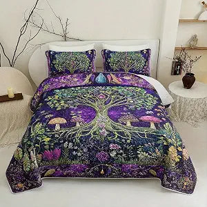 Bohemian Tree of Life Mushroom Quilt Bedding Set Queen Size for Girls and Kids,Green Tree Bed Cover Queen Size for Boys,Purple Floral Bedspread Sets Bedding Mystic Forest Bedroom Decor