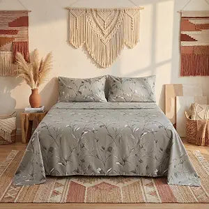 Boho Floral Bed Sheet Set Twin/Queen/King ��� Soft Lightweight Sheets with 15" Deep Pocket Fitted Sheet, All-Around Elastic (Gray, Queen (U.S. Standard))