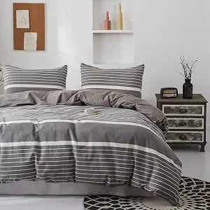 BISELINA Bedding Duvet Cover Set 100% Washed Cotton Linen Like Textured Yarn Dyed Horizontal Stripes Reversible Breathable Soft Comfy Chic Bedding (Queen, Button Closure Grey)