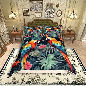 Manfei Tropical Birds Duvet Cover King Size,Jungle Parrot Bird Wild Animal Comforter Cover(No Filler) with 2 Pillowcases,Green Palm Leaves Nature Botanical Quilt Cover for Adult Women,3 Pcs