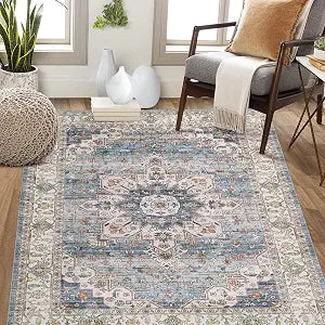 Garvee 4x6 ft Boho Vintage Area Rug Traditional Medallion Print Low Pile Carpet, Non-Slip Washable Rug with Rubber Backing, Foldable Non-Shedding for Living Room Bedroom Office Dining Room(Teal)