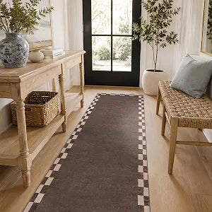 Rugshop Checkerboard Border Machine Non-Slip Runner Rug, 2'x8' Brown