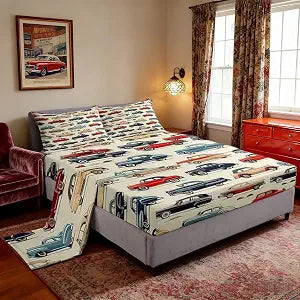 Castle Fairy Vintage Cars Sheet Twin Size 80s Retro Sports Car Bedding Set Transport Vehicles Bed Decor for Teens Boys Modern Fashion Beige Fashion Bed Sheet Set 3pcs(Fitted + Flat + 1 Pillowcase)