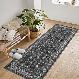 GarveeHome Kitchen Rugs Non Slip Washable 2x6 Runner Rug, Vintage Black Floral Bathroom Runner, Low Pile Stain Resistant Hallway Runner Rugs for Bedroom Laundry Room Entryway Hallway