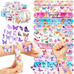 Cherisnowy 48PCS Butterfly Party Favors, Temporary Tattoos & Slap Bracelets