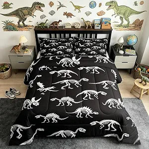 Homewish Dinosaur Skeleton Comforter Set Dinosaur Bones Bedding Set for Kids Girls Women Adults Ancient Animals Comforter Black and White Quilted Duvet Set Bedroom Collection Twin Size 2Pcs