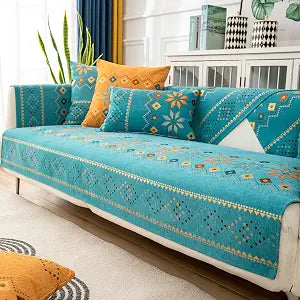 Boho Chenille Couch Covers,Geometric Couch Covers for Sofa,Chenille Couch Cover Non Slip,Sectional l Shaped Sofa Furniture Protector Cover for Home Decor,Lake Blue_2 Seat 35x70in/90x180cm