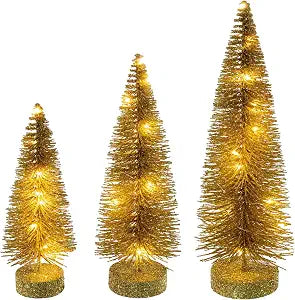 Vickerman 8"-10"-12" Gold Lit Bottle Brush Tree Set.