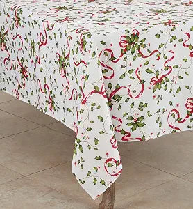 "SARO LIFESTYLE Holiday Collection Christmas Tablecloth With Holly and Ribbon Design, 70""x70"", Multi" (3175.M70S)