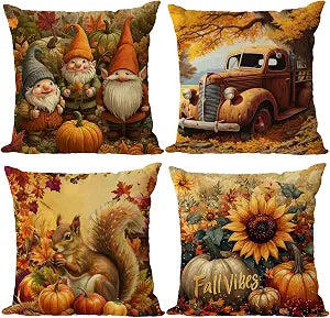 Fall Throw Pillow Covers 12x12 Set of 4 Thanksgiving Pumpkin Pillow Covers Farmhouse Orange Autumn Gnomes Squirrel Pillow Case Sunflower Cushion Covers Sofa Couch Home Halloween Decorations 12 Inch