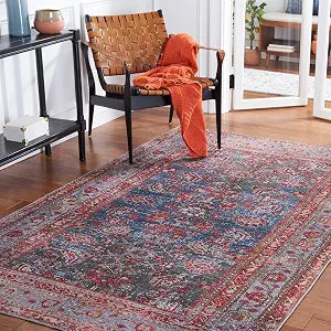SAFAVIEH Washable Rug Tucson Collection - 3' x 5', Blue & Rust, Slip Resistant & Easy to Clean, Ideal for Foyer, Entryway, Kitchen, Bedroom (TSN183M)