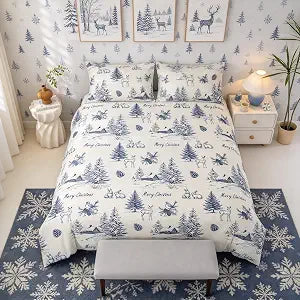 Erosebridal Navy Blue Christmas Duvet Cover Set King Winter Village Bedding