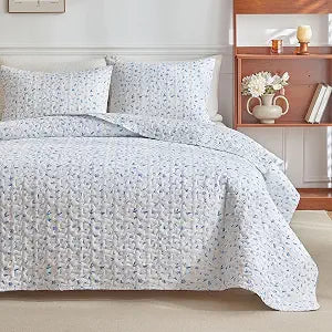 mixinni Full Queen Quilt Bedding Set with Pillow Shams, 3 Piece Boho Blue Floral Bed Coverlets for All Seasons, Soft Lightweight Microfiber Quilted Comforter Set-(90"x96", 1 Quilt+ 2 Pillow Shams)