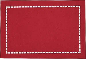 SARO LIFESTYLE Hadleigh Collection Laser-Cut Hemstitch Placemats (Set of 4), 13"" x 19"", Red"