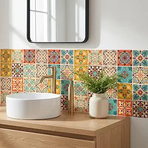 16 Pack, 5.9 Inch Terracotta and Teal Tile Stickers, Bohemian Patchwork Peel and Stick Vinyl for Backsplash, Stairs & Furniture