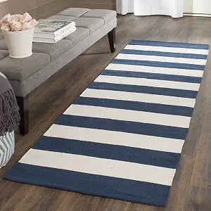 SAFAVIEH Montauk Collection Runner Rug - 2'3" x 12', Navy & Ivory, Handmade Flatweave Cotton, Woven Texture, Farmhouse Stripe Pattern, Ideal for Living Room, Bedroom, Dining Space (MTK712H)