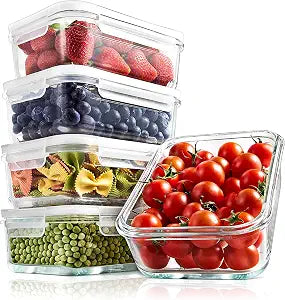 NutriChef 5-Piece 30 oz Reusable Glass Meal Prep Containers - Stackable Kitchen Storage Containers for Food, 4-Side Locking Plastic Lids w/Vent Hole - Easy to Clean, Dishwasher Safe (Flat)