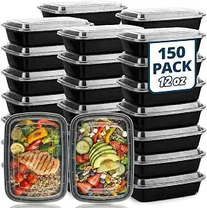 Tiya Meal Prep Containers with Lids - 150 Pack 12 oz BPA-Free Plastic Food Storage Containers Leak-Proof, Microwave, Dishwasher & Freezer Safe Reusable To-Go Boxes for Portion Control & Catering