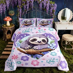 Manfei Cute Sloth Comforter Set,Kawaii Wild Animal Jungle Branch Bedding Set Kids Teens Modern Decor,Nature Flowers Leaves Graffiti Purple Comforter with 1 Pillowcase for All Seasons,Twin