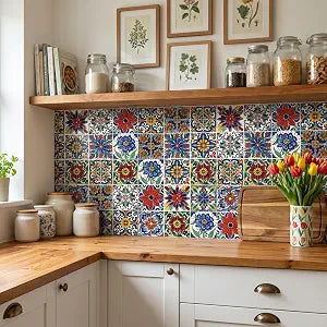 16Pcs Peel and Stick Tile Stickers 6x6 Inch, Mexican Talavera Backsplash Decals for Kitchen Stair Risers, Waterproof Vinyl Moroccan Boho Decor, Removable DIY for Bathroom Furniture (Red)