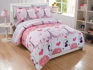 Linen Plus Comforter Set for Girls/Teens Paris Eiffel Tower Hearts Grey Pink New (Queen)