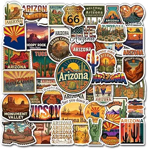 50 Pcs Arizona Stickers US State Vinyl Decal Waterproof Travel Southwest Sticker Laptop Water Bottle Scrapbook Journal Phone Case Luggage Skateboard Guitar Locker Gifts for Women Adults