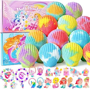 12 Pack Shell Bath Bombs for Girls with 20 Mermaid & Unicorn Surprise Toys