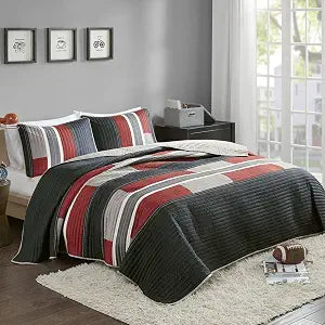 Comfort Spaces Quilt Set Trendy Casual Fun, Vibrant Color Design, Hypoallergenic All Season, Lightweight Coverlet Bedspread Cozy Kids Bedding & Sham Twin/Twin XL Pierre Black/Red Stripe 2 Piece