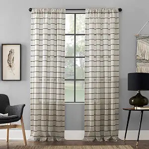 Clean Window Twill Stripe Anti-Dust Allergy/Pet Friendly Anti-Dust Sheer Curtain Panel, 52" x 95, Black/Linen