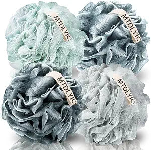 MTDLYICE Loofah Sponge, XXL Large Loofah 100g 4 Pack, Bath Sponge Soft Mesh Shower Loofah for Men, Body Scrub, Shower Pouf Bath Accessories, for Body Wash, Soap (Blue Gray)