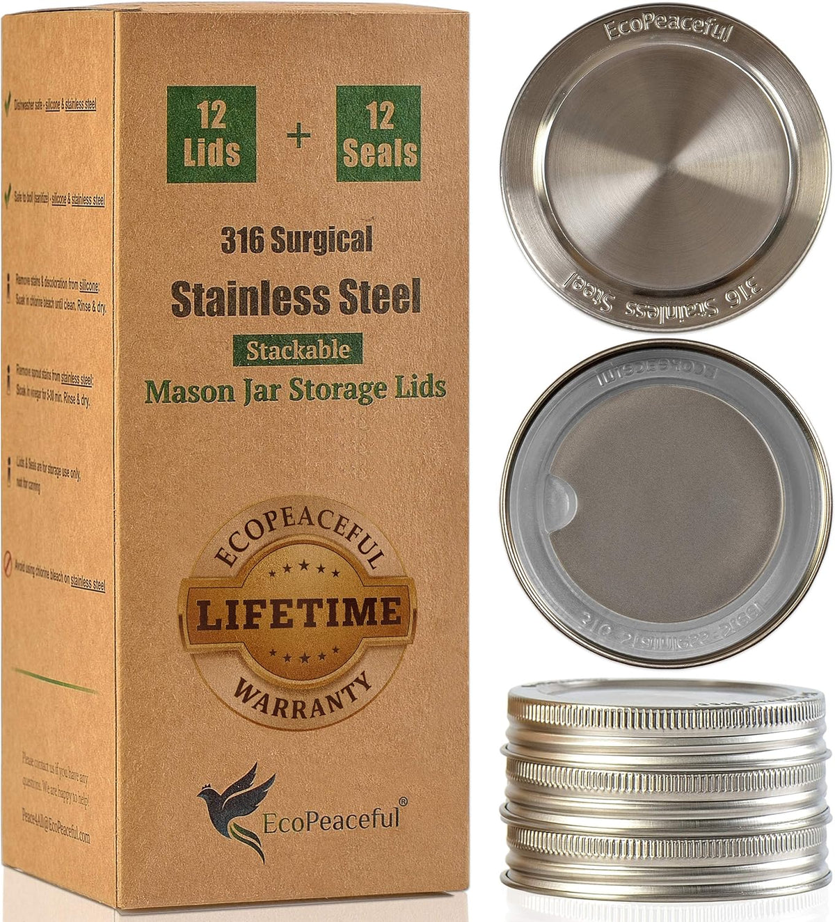 316 Surgical Stainless Steel Mason Jar Lids REGULAR Mouth,ORIGINAL DESIGN,Stackable w/ Pull-Tab Silicone Seal. Rust-proof, Airtight, Leak-proof, Vegan, BPA-Free, Reusable,Not for Canning