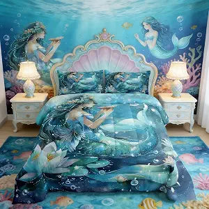 Manfei Blue Mermaid Kids Comforter Set King Size, Lotus Flower Girl Bedding Set for Princess Women Bedroom Decor, Caroon Mermaid Down Comforter, Soft Polyester Quilt Set, 2 Pillowcases