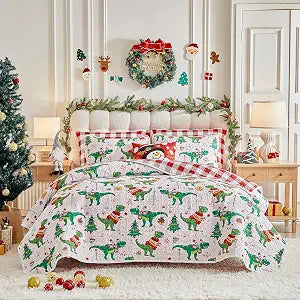 Christmas Quilt Set Queen Size 88x88 - White Green Dinosaur Trees Stars with Red White Plaid - Xmas New Year Gingham Style Microfiber Winter Bedding Coverlet Thanksgiving Holiday Bedspread