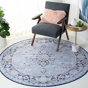 SAFAVIEH Washable Rug Tucson Collection - 4' Round, Light Blue & Navy, Slip Resistant & Easy to Clean, Ideal for Foyer, Kitchen, Nursery, Office, Bedroom (TSN147M)