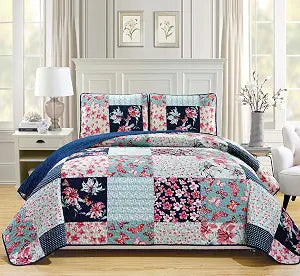 Mk Collection 3pc Bedspread Coverlet Quilted Flower Butterfly Off White Navy Blue Teal Green Red King/California King Over Size 118" x 95" #Stella New