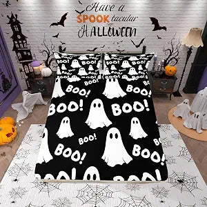 Funny Ghost Bedding Set Twin Size Happy Halloween Theme Bed Set for Girls Teens Bedroom Decor Kids Black White Fitted Sheet Soft Microfiber Cartoon Ghost Bed Cover(1 Fitted Sheet+1 Pillow Case)
