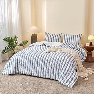 Caressma Seersucker Comforter Set Blue Grey White Striped Queen Size 3pcs