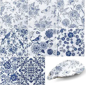 16 Pcs 8 Styles Decoupage Napkins, Blue and White Floral Paper Napkins