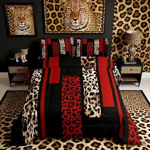 Leopard Print Comforter Set Twin Size,Abstract Wlid Cheetah Skin Rustic Bedding Set,Girls Women Cabin Decor,Geometric Stripes Patchwork Fashion Down Comforter,Red Brown Duvet Insert,1 Pillowcase