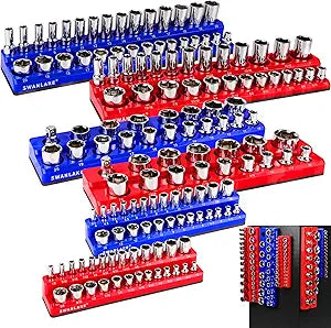 Magnetic Socket Organizer Set, 6PCS Socket Holder, 1/4", 3/8", 1/2" Sockets Holds 143 Pieces Magnetic Sockets Trays (Blue&red, 6 Pcs)