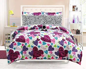 Grand Linen Queen Bedding Set 7-Piece - Pink Safari Zebra Comforter Sheet Set with Plush Accent Pillow - Hot Pink Purple Turquoise Black Animal Print Bed in a Bag for Teen Girls and College Dorm
